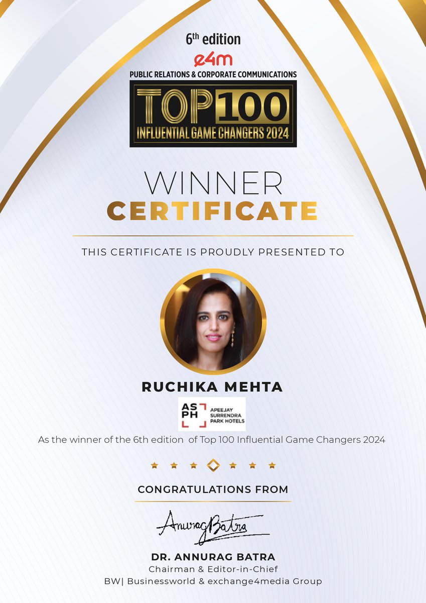 e4mevents's tweet image. Our heartiest congratulations to Ms. @ruchikamehta_  from @ApeejayGroup for being featured in the 6th edition of e4m PR and Corp Comm Top 100 Influential Game Changers list 2024 !

@karanbhatias  

#e4mprtop100influentialgamechangers #e4mevents #PRCorpComm