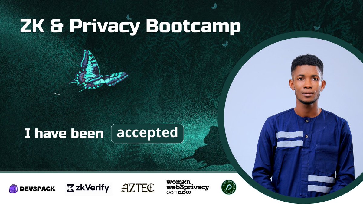 0xWeb3DevRel's tweet image. In July with @EthAfrique , we kicked off an Introduction to ZK.
Today, I’m excited to share that I’ve been accepted into the ZK & Privacy Bootcamp by @dev3pack !
🔐 ZK & Privacy are the future — and I’m here to learn, grow, and share.
Next stop: @EFDevcon & @invisiblgarden