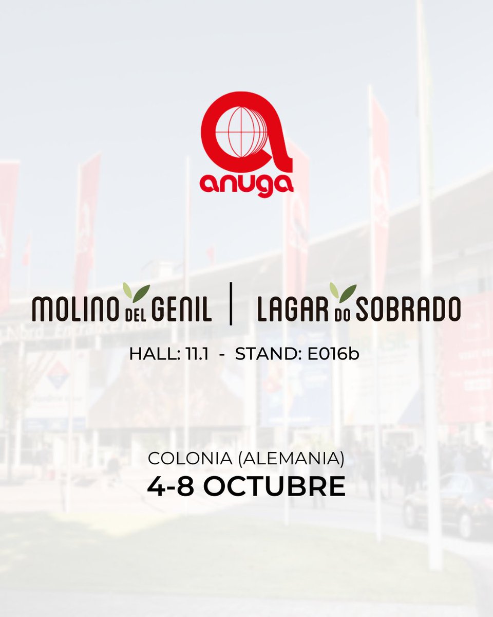Molino del Genil y Lagar do Sobrado estarán presentes en una nueva edición de la Feria Internacional de alimentación que se celebra en Anuga, una de las más relevantes del sector agroalimentario.

Del 4 al 8 de octubre en Colonia (Alemania).

📍 Hall: 11.1 – Stand: E016b