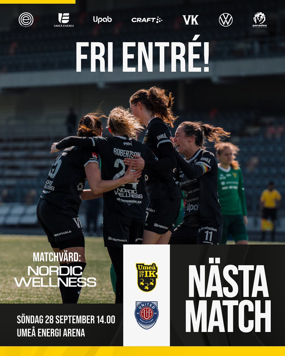 Våra samarbetspartners bjuder alla på fri entré på söndag!

Matchvärd @nordicwellness 

<a href="/Umeaenergi/">Umeå Energi</a> <a href="/_Elitettan/">Elitettan</a> <a href="/PdxInteractive/">Paradox Interactive</a>