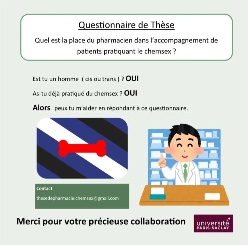 🚨 HELP 🚨
​Un ami mène une #étude rapide (questionnaire anonyme) pour améliorer la prévention en #pharmacie sur le #chemsex.
​Vos témoignages sont les bienvenus.
​👉 Lien du questionnaire : forms.gle/M6jsGPdnNHjfH5…
​Merci de partager ! 🙏
#Prévention  #SantéSexuelle
