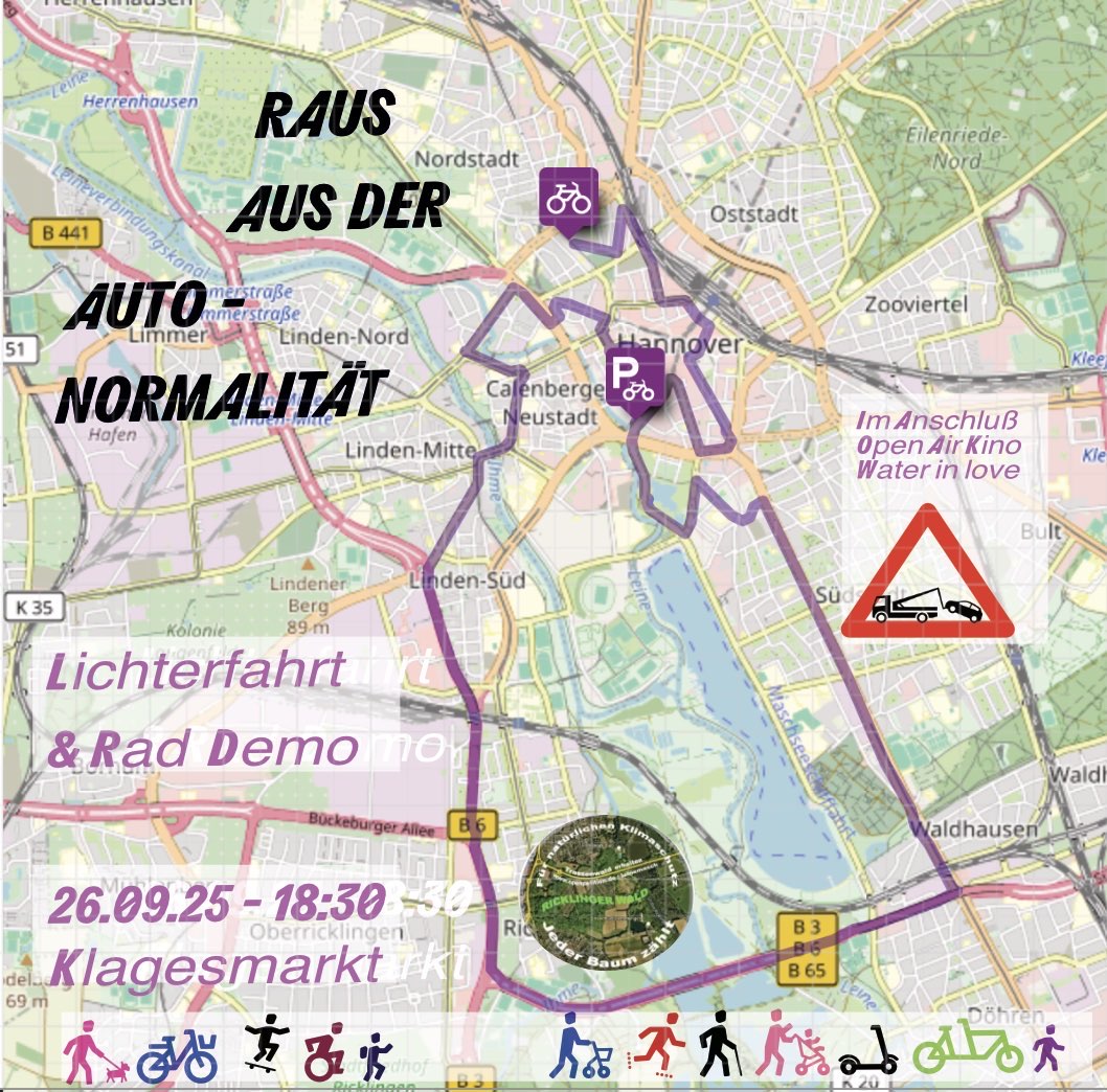 Die #CriticalMass🚲#Hannover🚲ist für den 26. September um 18.30 Uhr als Demo angemeldet. Wir wollen über die Schnellwege radeln als Zeichen gegen die Naturzerstörung, die noch mehr Platz für noch mehr Autos schaffen soll. Wie immer ab Klagesmarkt!🚲🚲🚲🚲🚲🚲🚲🚲🚲🚲🚲🚲🚲🚲🚲🚲