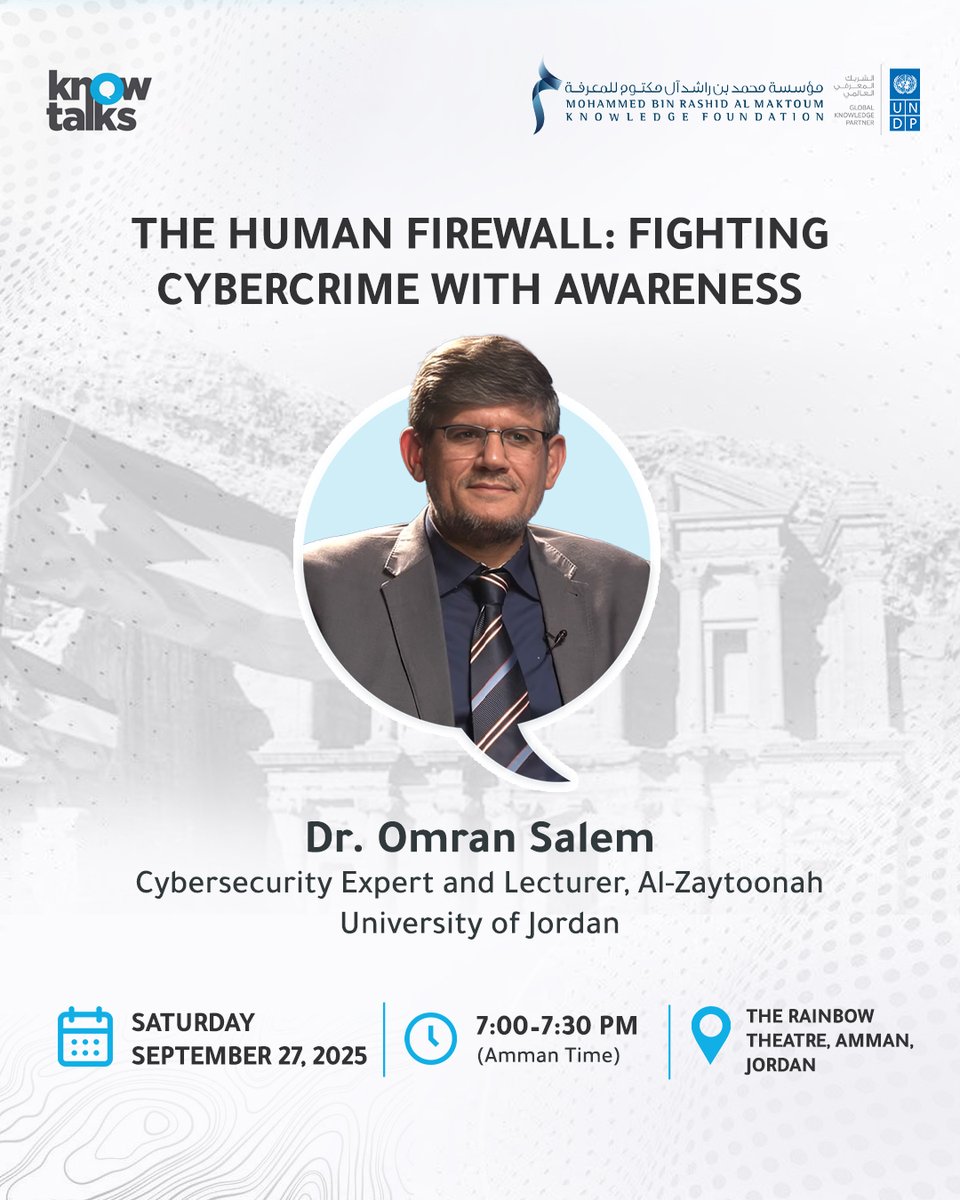 knowledge4All1's tweet image. 📍 Amman, here we come!
#KnowTalks land at Rainbow Theater on Saturday, 27 September, from 7-9 PM 🇯🇴
✨Featuring leading voices on cybersecurity, sustainability, AI &amp;amp; entrepreneurship. Don’t miss an inspiring live dialogue!
Register here: url-shortener.me/5NJ9
