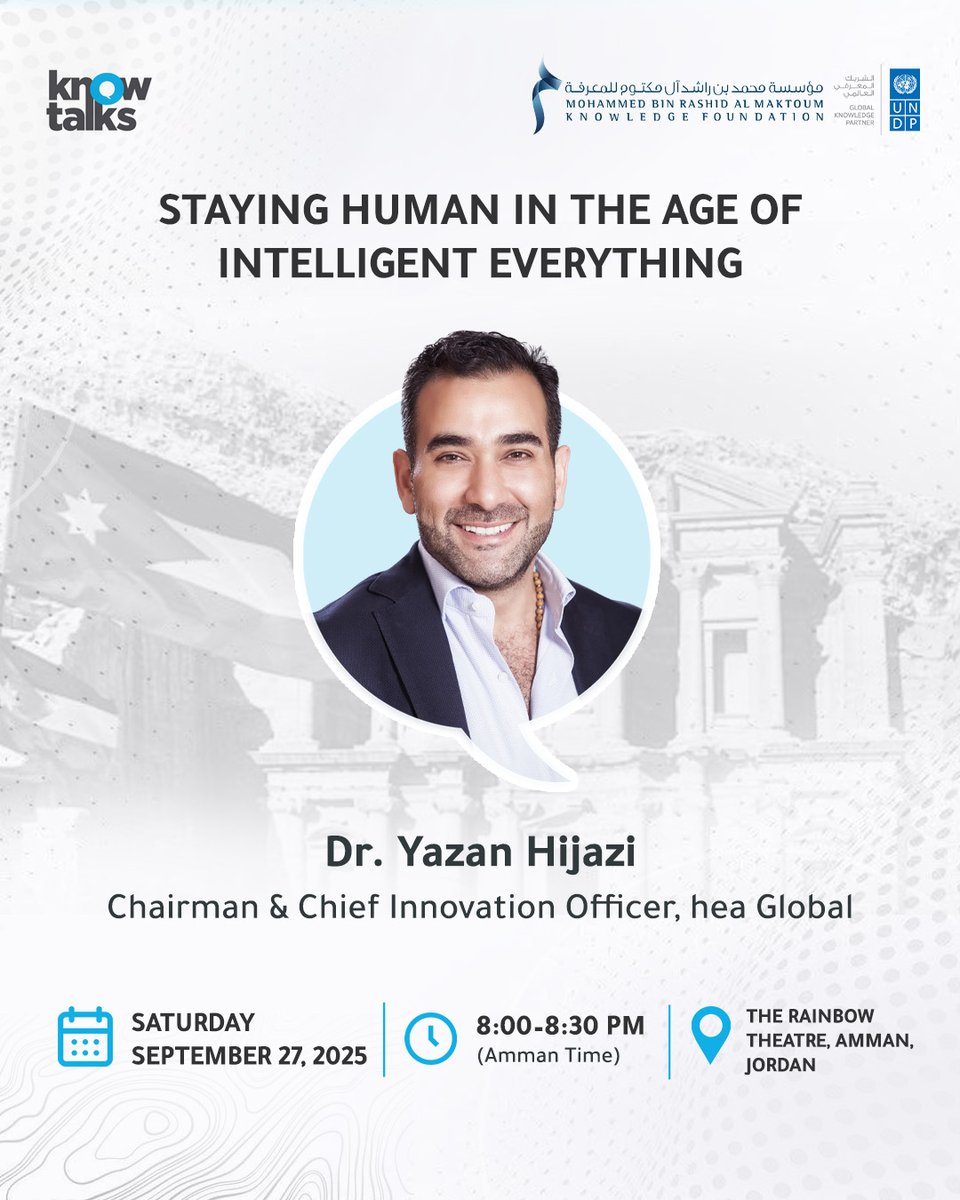 knowledge4All1's tweet image. 📍 Amman, here we come!
#KnowTalks land at Rainbow Theater on Saturday, 27 September, from 7-9 PM 🇯🇴
✨Featuring leading voices on cybersecurity, sustainability, AI &amp;amp; entrepreneurship. Don’t miss an inspiring live dialogue!
Register here: url-shortener.me/5NJ9