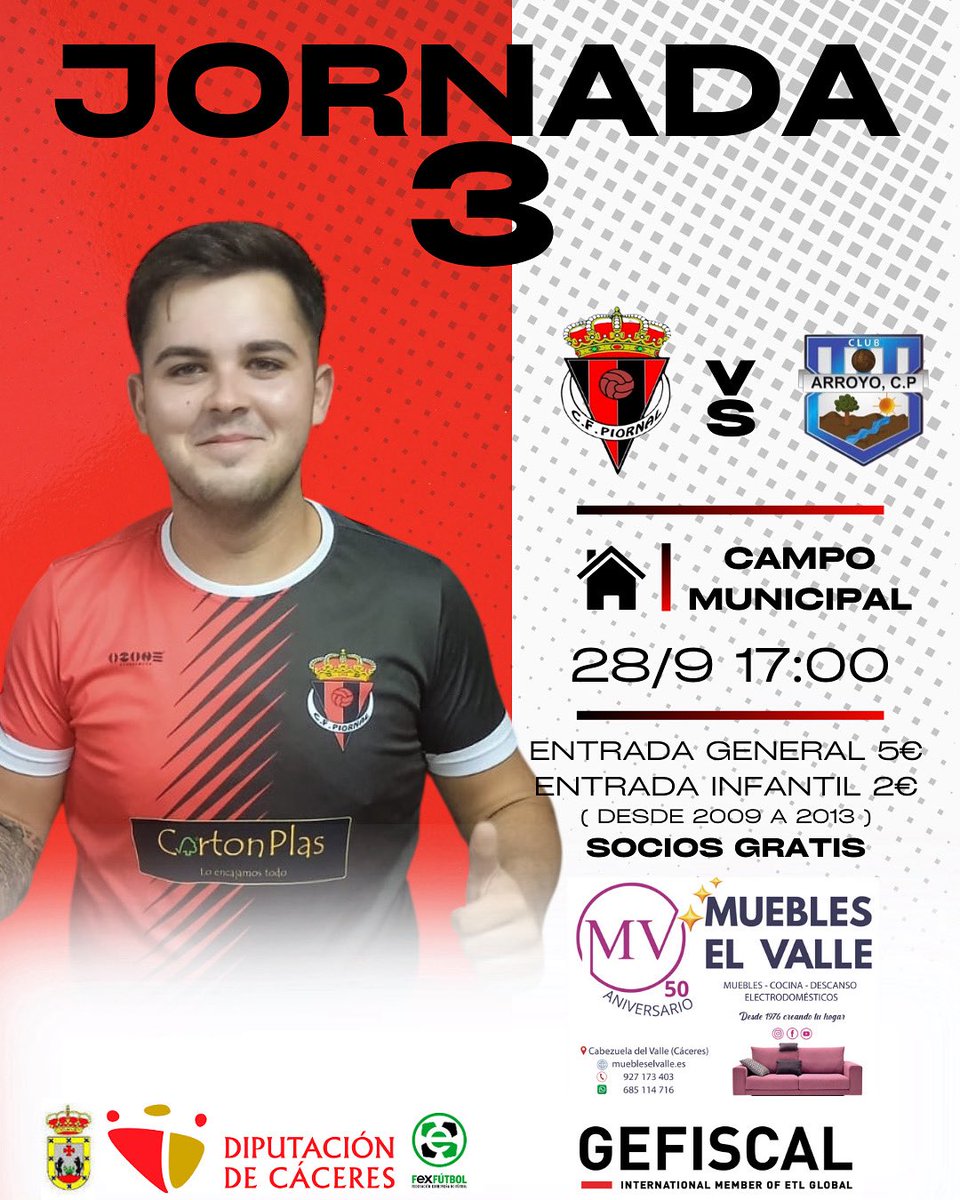 C.F PIORNAL (@piornalcf) on Twitter photo 📢⚽ ¡Este domingo tenemos cita en casa! ⚽📢
El C.F. Piornal disputamos el tercer partido de liga en nuestro feudo y necesitamos a toda nuestra gente apoyando desde la grada. 💪🏽
🏟️ Campo Municipal de Piornal
📅 28-09-2025
🕑 17:00H
🆚 C.P Arroyo 📢⚽ ¡Este domingo tenemos cita en casa! ⚽📢
El C.F. Piornal disputamos el tercer partido de liga en nuestro feudo y necesitamos a toda nuestra gente apoyando desde la grada. 💪🏽
🏟️ Campo Municipal de Piornal
📅 28-09-2025
🕑 17:00H
🆚 C.P Arroyo