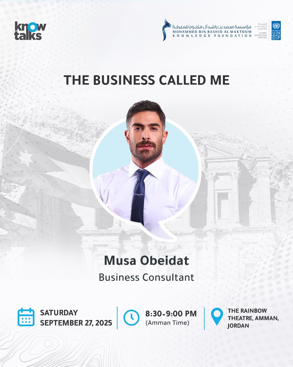 knowledge4All1's tweet image. 📍 Amman, here we come!
#KnowTalks land at Rainbow Theater on Saturday, 27 September, from 7-9 PM 🇯🇴
✨Featuring leading voices on cybersecurity, sustainability, AI &amp;amp; entrepreneurship. Don’t miss an inspiring live dialogue!
Register here: url-shortener.me/5NJ9