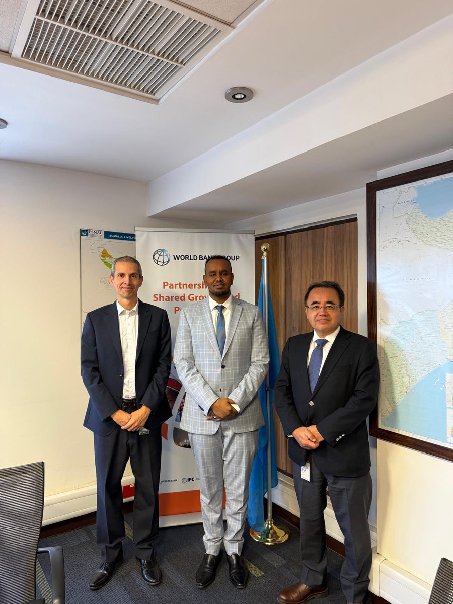 NBS_Somalia's tweet photo. DG Dr. Abdisalam Mohamed met in Nairobi with Mr. Hideki Matsunaga, the new World Bank Country Manager for Somalia and Mr. Alejandro De la Fuente, Senior Economist & Task Team Leader, to discuss the vital role of data in shaping Somalia’s development agenda.

SNBS has transformed into a leading national statistical institution driving data-informed decision-making. Through various surveys such as the Business Establishment Census, modernized & harmonized Consumer Price Index, poverty & national accounts statistics, SNBS now provides the data backbone for the National Transformation Plan, Vision 2060 and Somalia’s monitoring & evaluation systems.

Major ICT upgrades such as a central data center & the Somali National Data Archive (SoNADA), have boosted data access & transparency, increasing the number of publicly available datasets from 7 in 2019 to 11 in 2025. International partners, like the World Bank, now rely on SNBS data to produce poverty reports & analysis.

With further partnership, SNBS plans to expand coverage with a new Household Budget Survey, Somalia’s first agriculture census & a Multiple Indicator Cluster Survey, further strengthening the national data ecosystem to power evidence-based policy & planning. @AbdisalamHumbul @abdirahm_omar