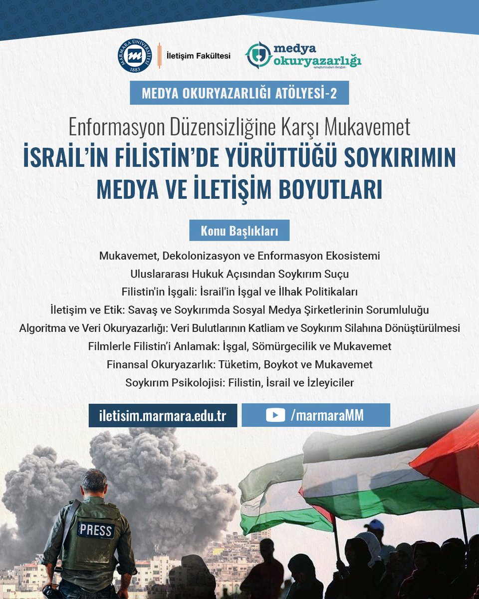 Dergimizin katkılarıyla <a href="/iletisimmarmara/">Marmara İletişim</a> Dekanlığınca ilki 2023 Güz döneminde düzenlenen Medya Okuryazarlığı Atölyesi'nde,#Filistin'deki #soykırım'ın #medya ve #iletişim boyutları ele alındı. 8 farklı oturum kayıtları <a href="/MarmaraMM/">Marmara Medya Merkezi</a> kanalında erişime açıldı.
👉youtube.com/watch?v=eArpIB…