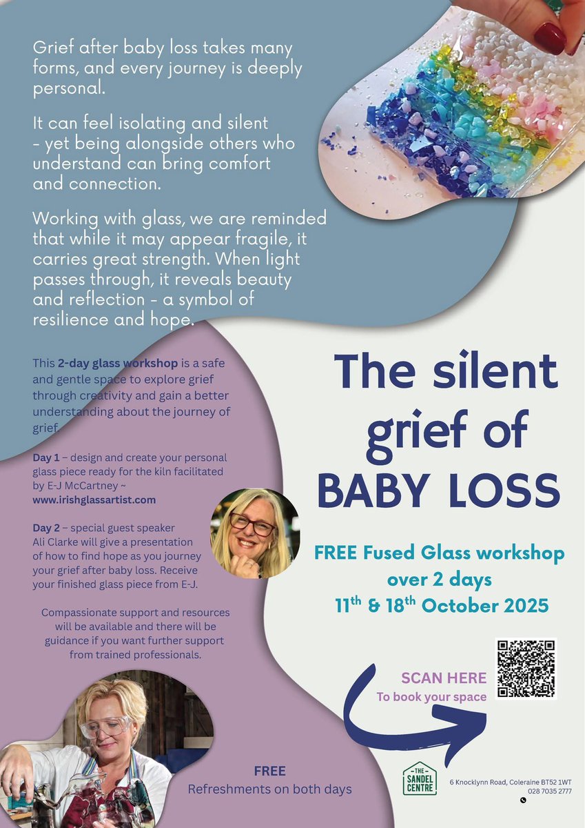 The Sandel Centre are running a 2-day FUSED GLASS workshop in Coleraine tackling The Silent Grief of Baby Loss over Saturday 11th &amp; 18th October 2025.