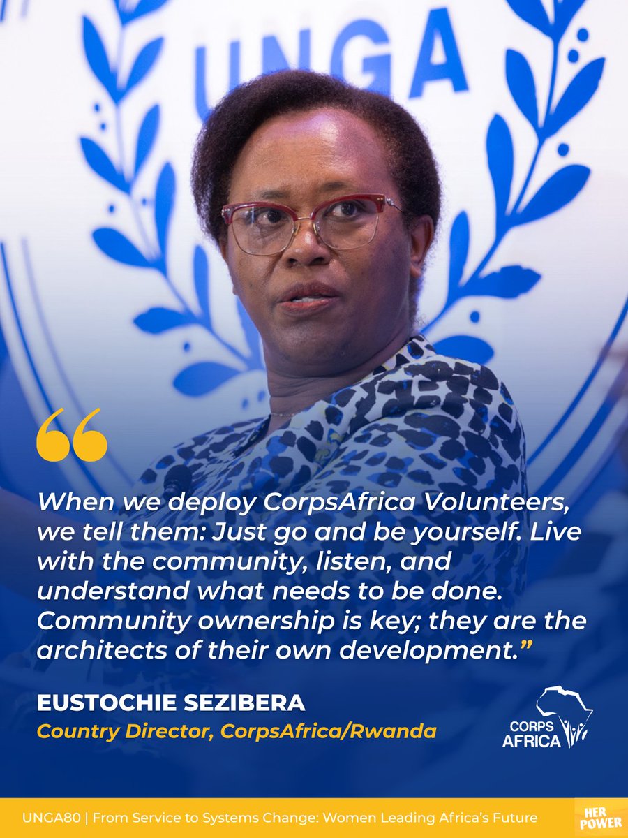 CorpsAfrica's tweet image. Eustochie, CorpsAfrica/Rwanda Country Director, highlighted how trust and ownership create sustainable impact when women lead locally driven change.
📺 Watch the full discussion here: youtu.be/iMDCNOrmbJ0?fe…
#UNGA80 #WomenLead #CommunityDevelopment #SDG5 #ThisIsCorpsAfrica