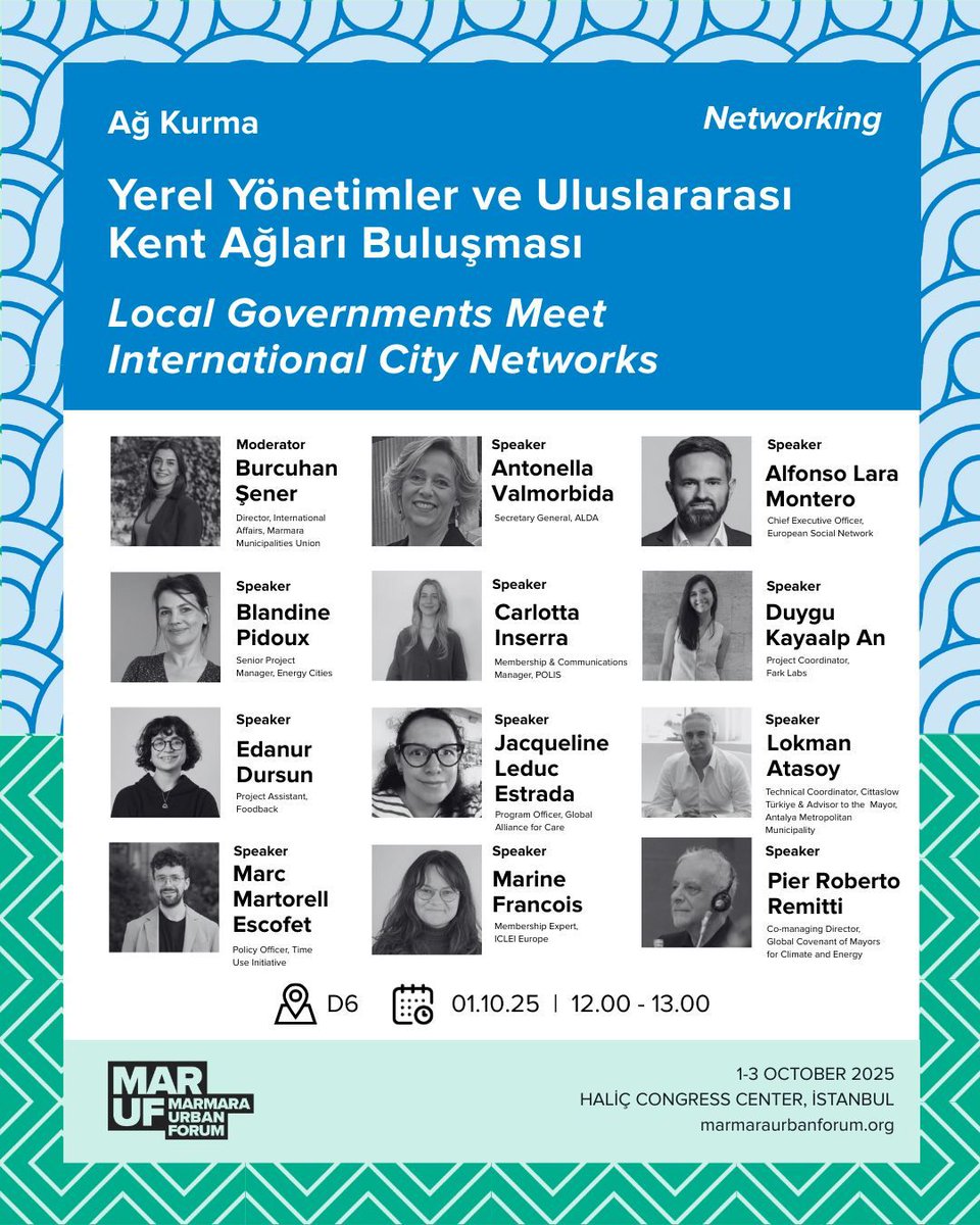 🌍 #MARUF2025’te şehirlerin geleceği masada!
✨ EIT Urban Mobility Türkiye Koordinatörü Duygu Kayaalp An, “Yerel Yönetimler ve Uluslararası Kent Ağları Buluşması” oturumunda sahnede 💡

📅 1-3 Ekim 2025 | 🕐 12:00 | 📍 Haliç Kongre Merkezi
🔗 Detaylar: marmaraurbanforum.org/event/local-go…