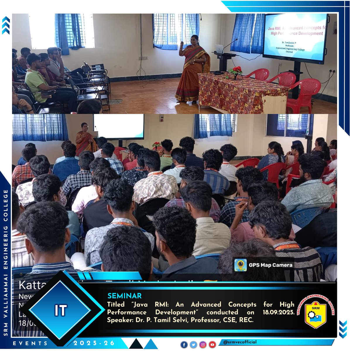 srmvecofficial's tweet image. The Dept. of IT conducted a seminar on "Java RMI: Advanced Concepts" on 18 Sep 2025.  
Dr. P. Tamilselvi delivered an engaging session with live demos on distributed systems &amp;amp; client-server apps.  
Students explored real-world RMI use cases &amp;amp; future scope!
#JavaRMI #SRMVEC