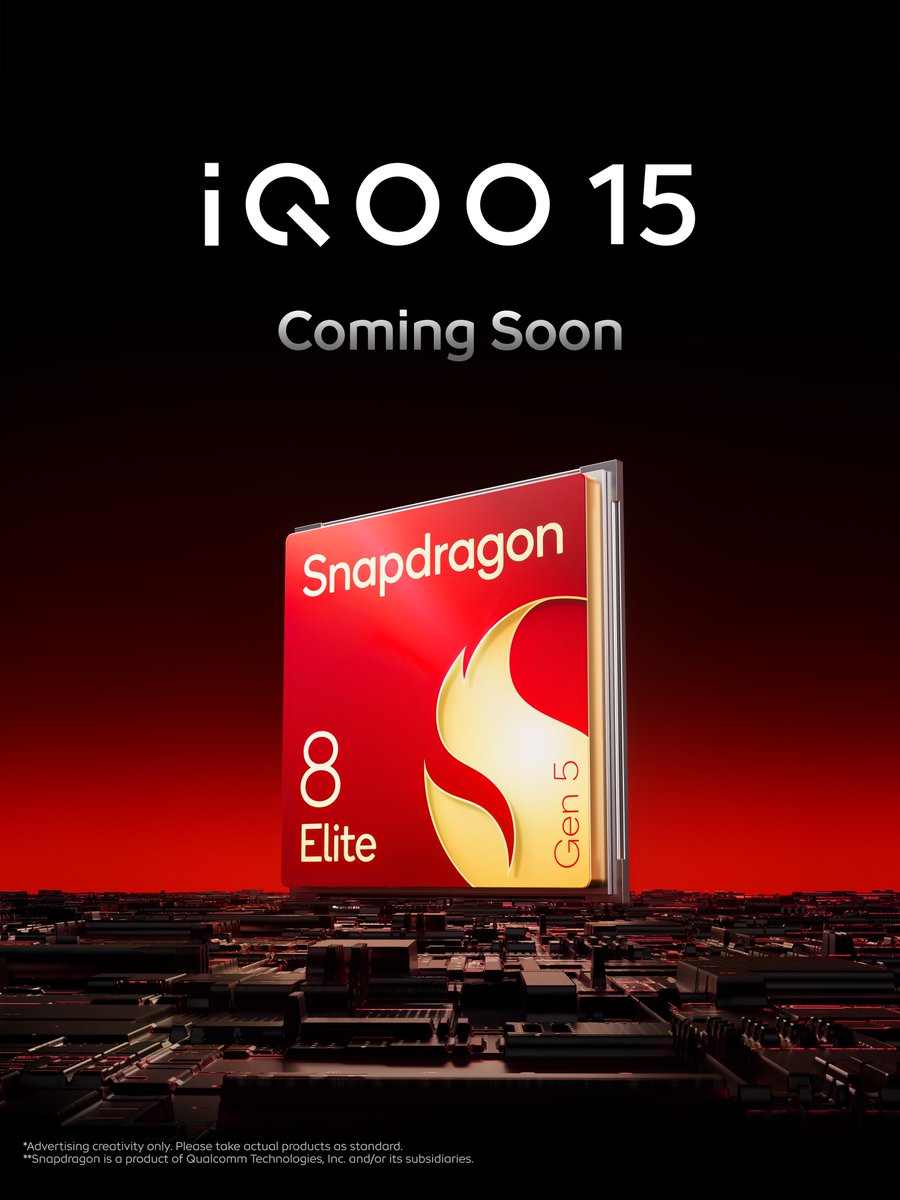 A stylized image of a Snapdragon 8 Elite Gen 5 processor logo, depicted as a red and gold book-like object with a flame design. The text "iQOO 15 Coming Soon" is displayed above the logo in white. A cityscape with circuit board patterns is visible in the background.