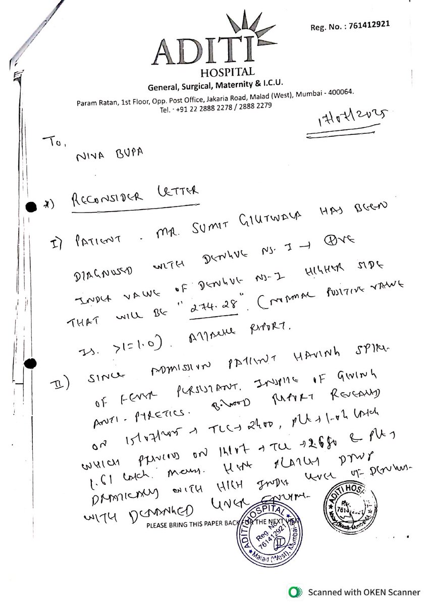 monishshahfps's tweet image. 4️⃣
❌ Rejection reasons given:
🔹 “Admitted for evaluation purpose”
🔹 “Platelets not deteriorated”

This is medically unsound. Dengue hospitalization is often required before platelets drop dangerously.
#ShameNivaBupa #PatientSafety #HealthInsuranceFail