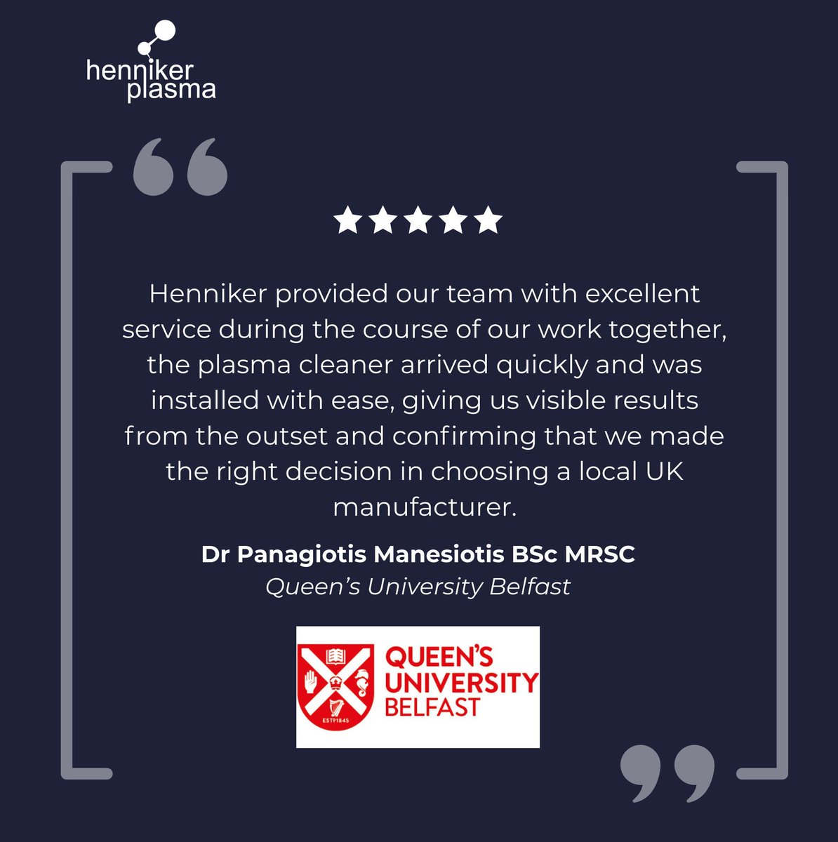 Proud to support UK research like Queen’s University Belfast 👩🔬
Dr Panagiotis Manesiotis praised our plasma cleaner for fast delivery, easy setup &amp; immediate results.

👉 buff.ly/WgEDJFJ

📧 enquiries@plasmatreatment.co.uk

#plasmatreatment #henniker