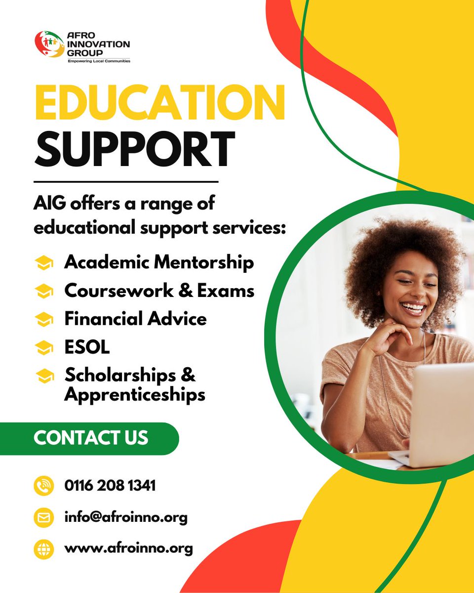 At AIG, we support people through every step of their education journey.

With strong links across local colleges and universities, we offer:
🎓 Mentorship
🎓 ESOL classes
🎓 Exam &amp; coursework support
🎓 Financial advice
🎓 Scholarships &amp; apprenticeships

afroinno.org