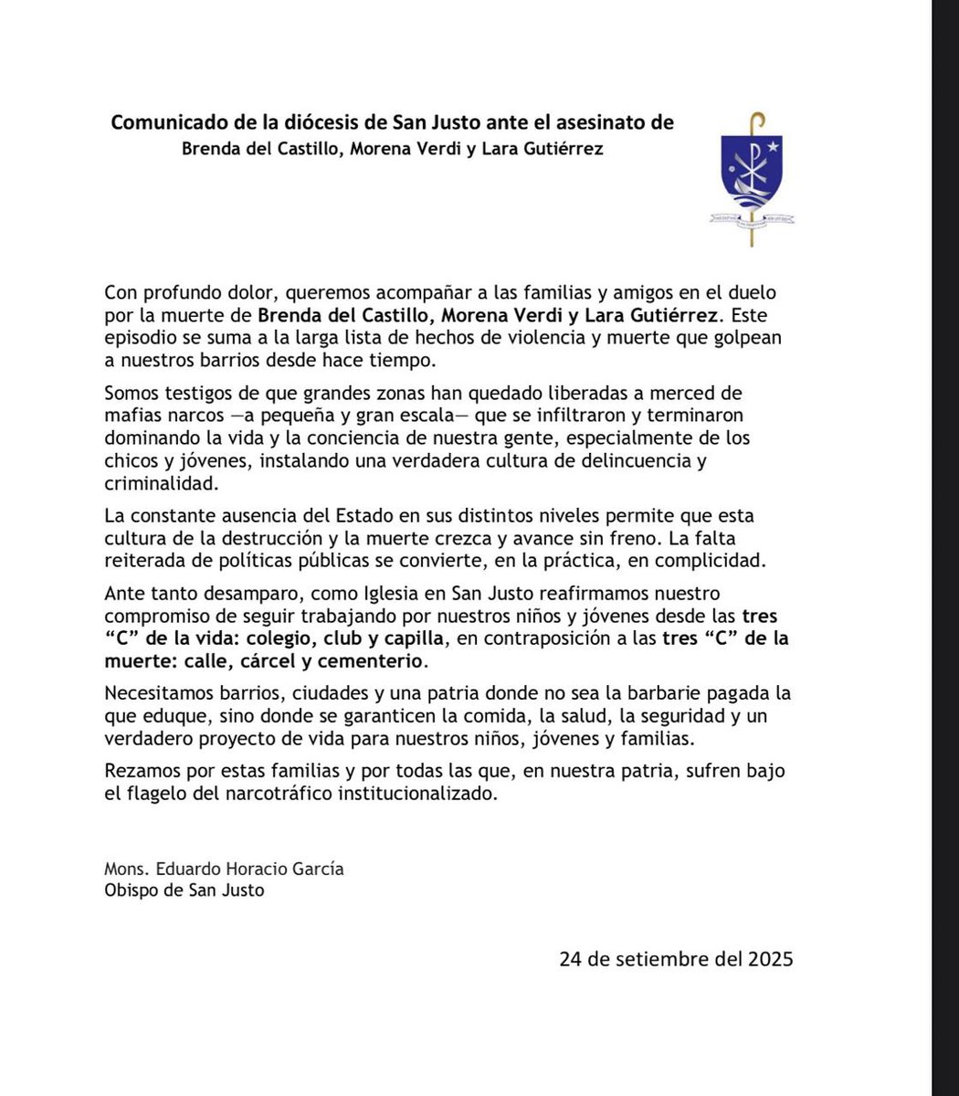 Comunicado de la Diócesis de San Justo ante el asesinato de Brenda, Morena y Lara.