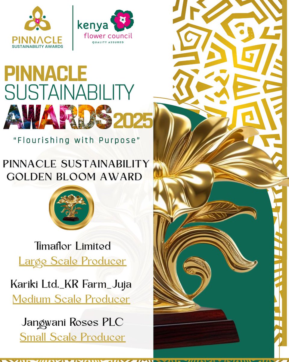 Wrapping up the ##pinnaclesustainabilityawards 2025 winners series!
The Pinnacle Sustainability Golden Bloom Award 🏆
The 2025 champions, setting the KFC FOSS benchmark:
🏅 Timaflor Limited
🏅Marginpar Kariki Ltd._KR Farm_Juja
🏅Jangwani Roses PLC
#FloricultureExcellence