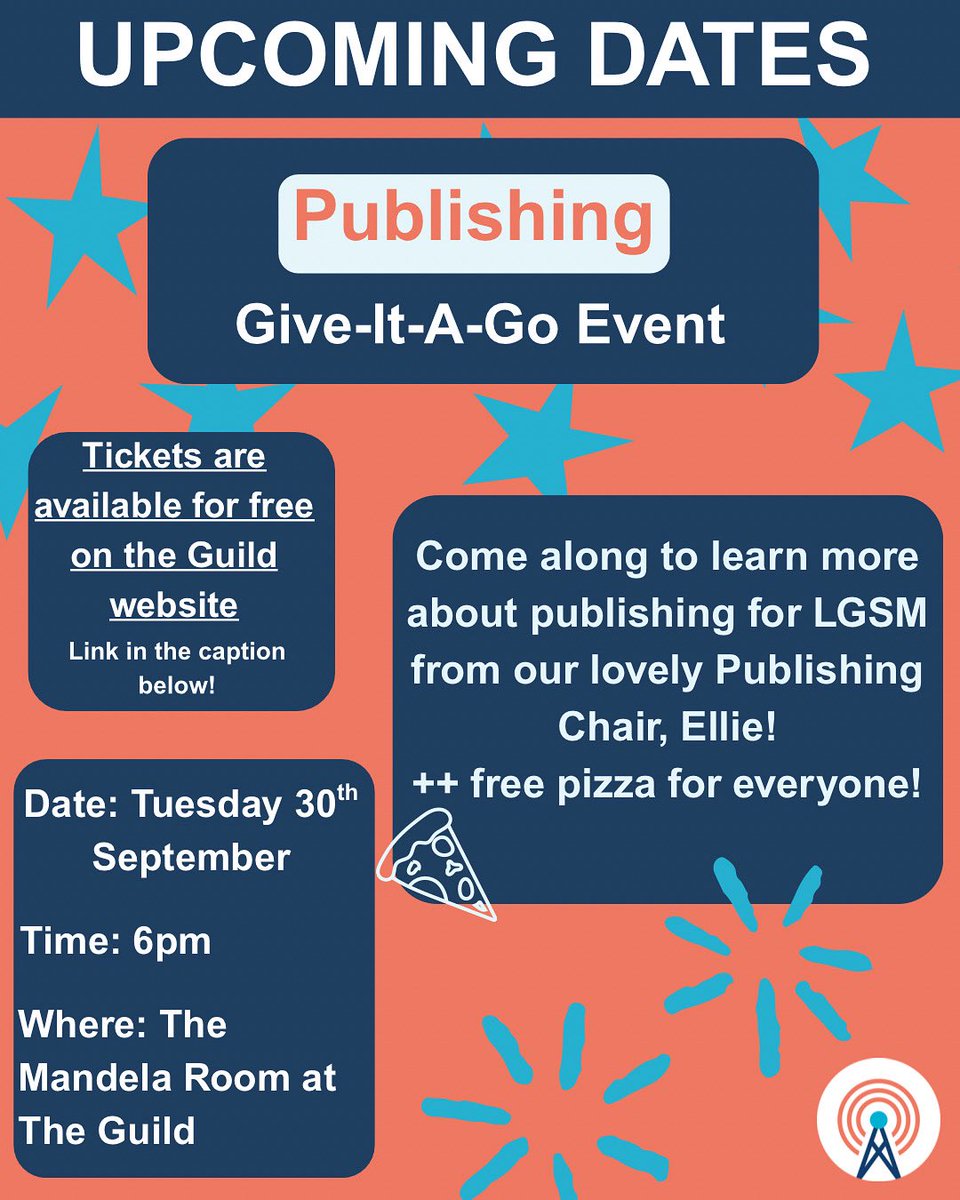 OUR FIRST GIVE-IT-A-GO EVENT💫

Our first Give-It-A-Go session will be for all of you wanting learn a little bit more about publishing here at LGSM!
Free tickets are available on The Guild website here:
liverpoolguild.org/ents/event/520…

Can’t wait to see you all there :)
LGSM x