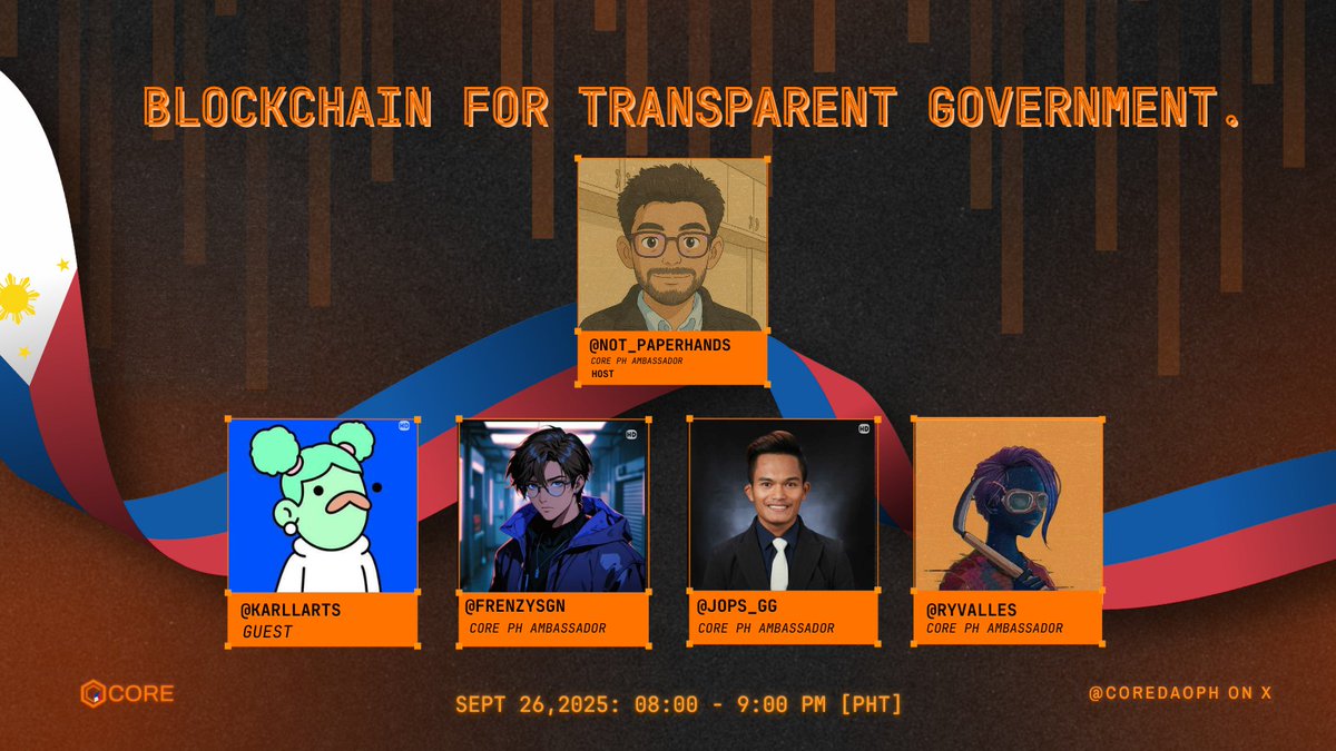 coredaoph's tweet image. &quot;Transparency. Trust. Technology&quot;

Can blockchain bring these to political governance?

Find out in our Space: Blockchain for Transparent Government. 

🗓: September 26, 2025, 8-9PM [PHT]
🎙: x.com/i/spaces/1gqxv…

#Blockchain #CoreDAO #GoodGovernance
