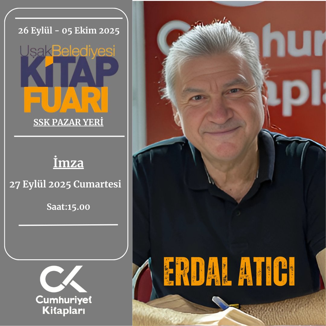 CUMHURİYET YAZARLARI UŞAK’ TA!
27 Eylül Cumartesi 
Uşak Kitap Fuarında, yazarlarımız Cumhuriyet Kitapları standında okurlarıyla buluşacak.

Tüm okurlarımızı standımıza bekliyoruz.