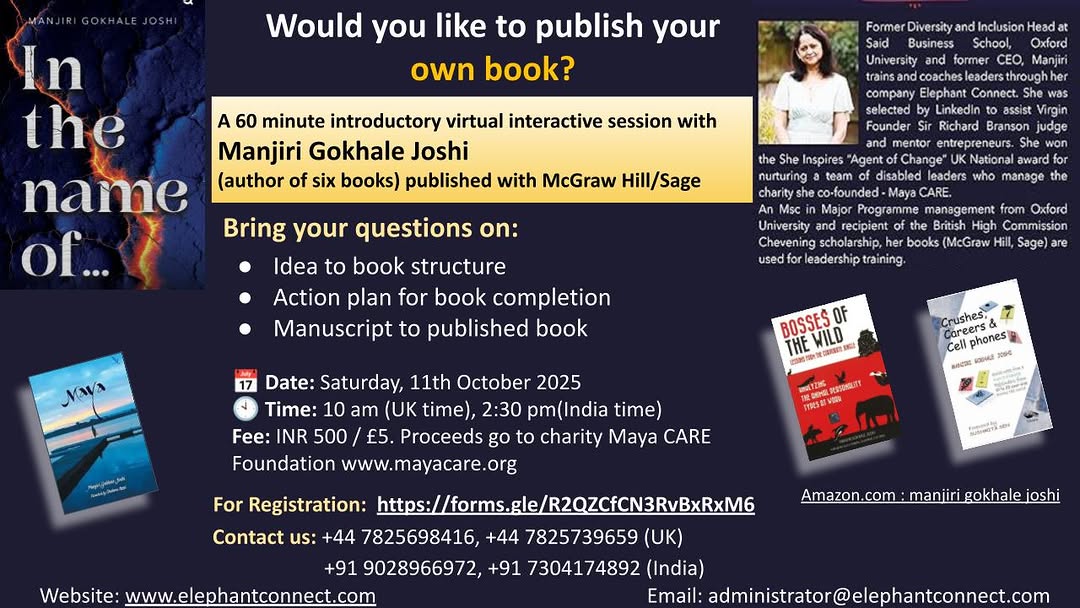 ElephantConnect's tweet image. ✍️ Book Writing Workshop Caption

Have you been dreaming of publishing your book? 📖✨

Join the Virtual Book Writing Workshop with author Manjiri Gokhale Joshi and take the first step toward becoming a published author.

#BookWriting #AuthorWorkshop #WritingCommunity