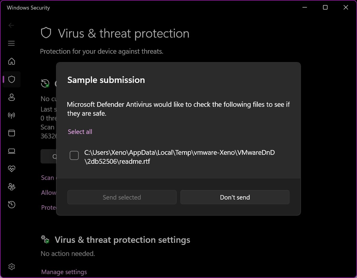 Xeno (@xenopanther) on Twitter photo Windows Defender wants to send Windows Vista's readme as a sample submission Windows Defender wants to send Windows Vista's readme as a sample submission