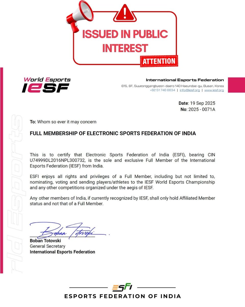Esports Federation of India (@esfindia) on Twitter photo IESF's confirmation on Full Membership of ESFI.
Issued in Public Interest!
#iesf #esfi #sole #fullmembership #india
<a href="/narendramodi/">Narendra Modi</a> <a href="/mansukhmandviya/">Dr Mansukh Mandaviya</a> <a href="/AshwiniVaishnaw/">Ashwini Vaishnaw</a> <a href="/khadseraksha/">Raksha Khadse</a> <a href="/PTUshaOfficial/">P.T. USHA</a>
<a href="/IndiaSports/">Dept of Sports MYAS</a> <a href="/WeAreTeamIndia/">Team India</a> <a href="/Media_SAI/">SAI Media</a>
<a href="/MIB_India/">Ministry of Information and Broadcasting</a> <a href="/GoI_MeitY/">Ministry of Electronics & IT</a> <a href="/iesf_official/">IESF</a> IESF's confirmation on Full Membership of ESFI.
Issued in Public Interest!
#iesf #esfi #sole #fullmembership #india
<a href="/narendramodi/">Narendra Modi</a> <a href="/mansukhmandviya/">Dr Mansukh Mandaviya</a> <a href="/AshwiniVaishnaw/">Ashwini Vaishnaw</a> <a href="/khadseraksha/">Raksha Khadse</a> <a href="/PTUshaOfficial/">P.T. USHA</a>
<a href="/IndiaSports/">Dept of Sports MYAS</a> <a href="/WeAreTeamIndia/">Team India</a> <a href="/Media_SAI/">SAI Media</a>
<a href="/MIB_India/">Ministry of Information and Broadcasting</a> <a href="/GoI_MeitY/">Ministry of Electronics & IT</a> <a href="/iesf_official/">IESF</a>