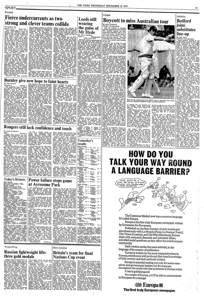 25th September 1974:

FOOTBALL
Ipswich 3-1 Stoke
Liverpool 0-1 Burnley
QPR 2-2 Everton
Middlesbrough A-A Leicester
Leeds 1-1 Huddersfield (Lge Cup)

CRICKET
Geoff Boycott To Miss Australian Tour