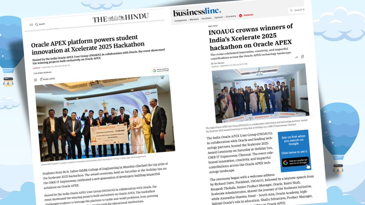 inoaug's tweet image. 🚀 Proud APEX Moment!
Xcelerate 2025 Hackathon was a huge success, by Oracle APEX 🏆
📰 Featured in @the_hindu @businessline celebrating brilliant student projects!

#Oracle #INOAUG #LowCode #orclAPEX #OracleACE #AI #GenAI #OracleCloud #OracleDeveloper #India #Xcelerate2025