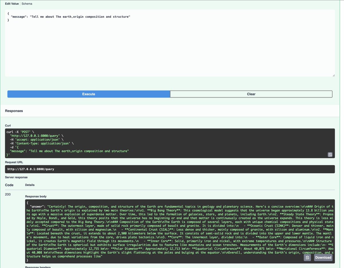 OpeyemiBolatit1's tweet image. Finally got the  ai agent&apos;s backend up and running. Swagger UI tested and active. Next stop would be testing on conversation context.
#FastAPI 
#AI 
 #BackendDevelopment
#Python 
 #Coding
#LangChain
#buildinpublic 
#BuildingTheFuture