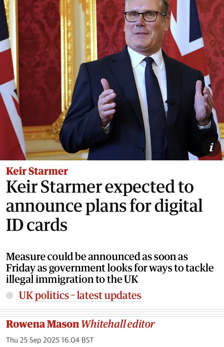 This is THE hill people, time to take a stand. Fuck all to do with immigration. 

“Keir Starmer is expected to set out plans for every adult to have digital ID cards in an attempt to tackle illegal migration to the UK”