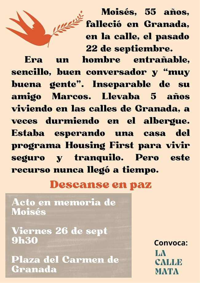 Fallece Moisés, que llevaba cinco años viviendo en la calle en Granada

La Calle Mata le recordará este viernes a las puertas del Ayuntamiento de Granada, donde volverá a exigir recursos dignos para las personas sin hogar
👇👇👇
elindependientedegranada.es/ciudadania/fal…