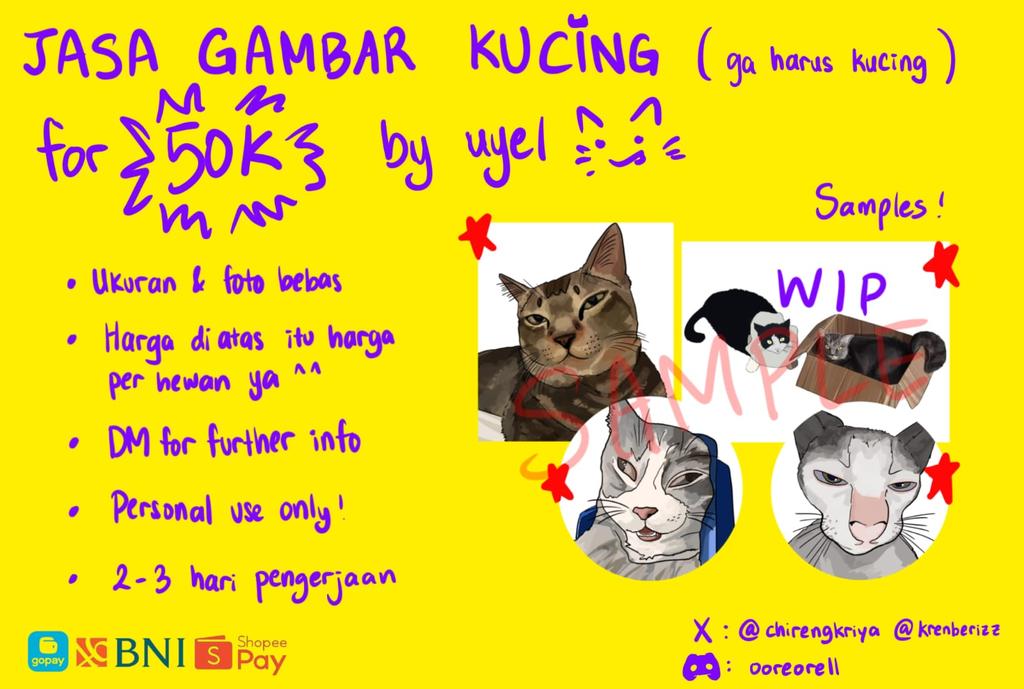 Hi guysss commis gambar kucingg aku masih bukaa yeaaw, kali ini harganya kunaikin yaw heheh, kalo kalian tertarik silakan DM kontak yang ada di bawah ini yaaa><

#artidn #zonakaryaid #artistindonesia #zonajajan #zonauang #commissionsopen