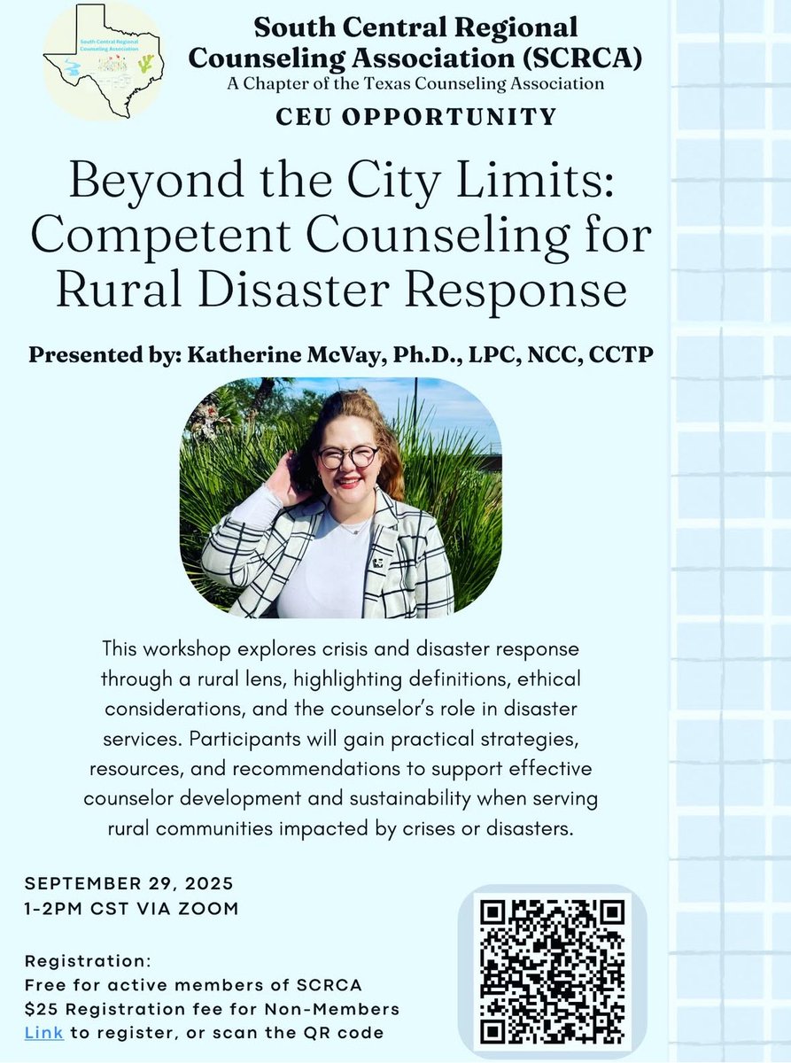 SCRCA_TCA's tweet image. FREE Virtual CEU session for #SCRCA Members on Monday, September 29 @ 1:00. Register by logging into your TCA account &amp;amp; click on the event under Upcoming Events. Presentation is titled “Beyond the City Limits: Competent Counseling for Rural Disaster Response,” by Katherine McVay.