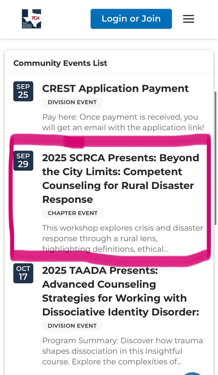 SCRCA_TCA's tweet image. FREE Virtual CEU session for #SCRCA Members on Monday, September 29 @ 1:00. Register by logging into your TCA account &amp;amp; click on the event under Upcoming Events. Presentation is titled “Beyond the City Limits: Competent Counseling for Rural Disaster Response,” by Katherine McVay.