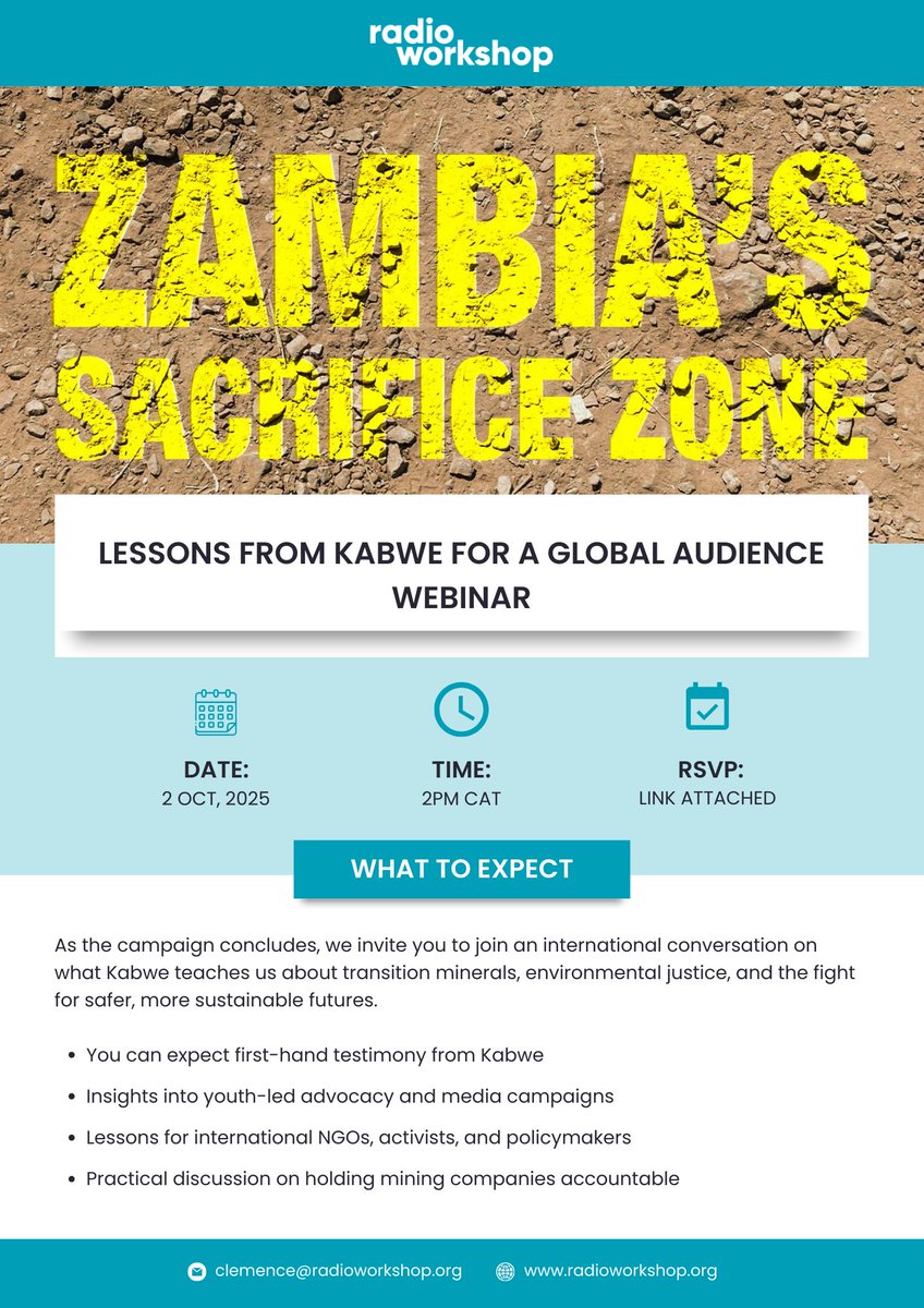 Looking forward to a <a href="/radioworkshop_/">Radio Workshop</a> webinar on Zambia's sacrifice zone, Kabwe. We will hear from young people what it means to live there, + discuss what can be done to protect people's right to a healthy environment. 

2 Oct, 2pmCET, register here: docs.google.com/forms/d/e/1FAI…