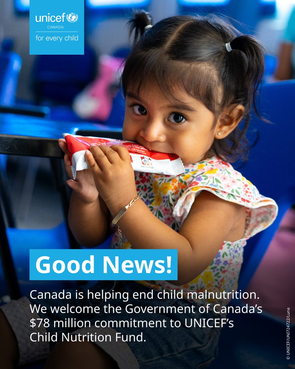 Canada is leading the fight against malnutrition.👏

We welcome <a href="/CanadaDev/">Development Canada</a>’s $78M investment in <a href="/UNICEF/">UNICEF</a>'s Child Nutrition Fund to tackle #malnutrition in the world's most vulnerable places.

Thank you Minister <a href="/AnitaAnandMP/">Anita Anand</a> &amp; Sec. of State <a href="/randeepssarai/">Randeep S. Sarai</a> for your leadership!