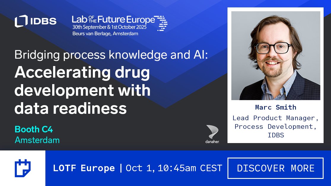 IDBSsoftware's tweet image. We’re excited to be sponsors of the Lab of the Future Congress 2025, happening next week in Amsterdam! 

Don’t miss Marc Smith’s session, &quot;Bridging Process Knowledge and AI&quot;, and connect with our excellent team at the Congress.

Learn more: ow.ly/PhTi50X25uf

#Lotf2025