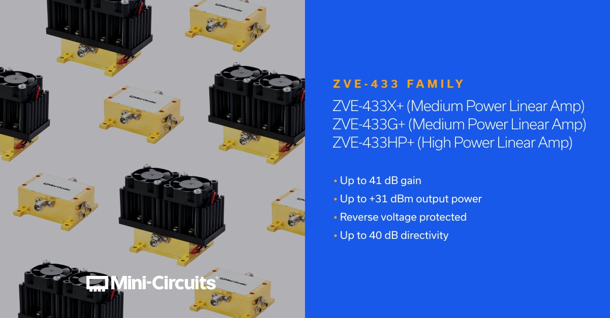 MiniCircuits's tweet image. Mini-Circuits’ family of ZVE-433 medium power, high gain amplifiers operate over a wide bandwidth from 18 to 43.5 GHz, ideal for applications including 5G FR2 mmWave testing, test and measurement, broadband telecom and more.
hubs.ly/Q03KFtf50
#rf #engineering #technology