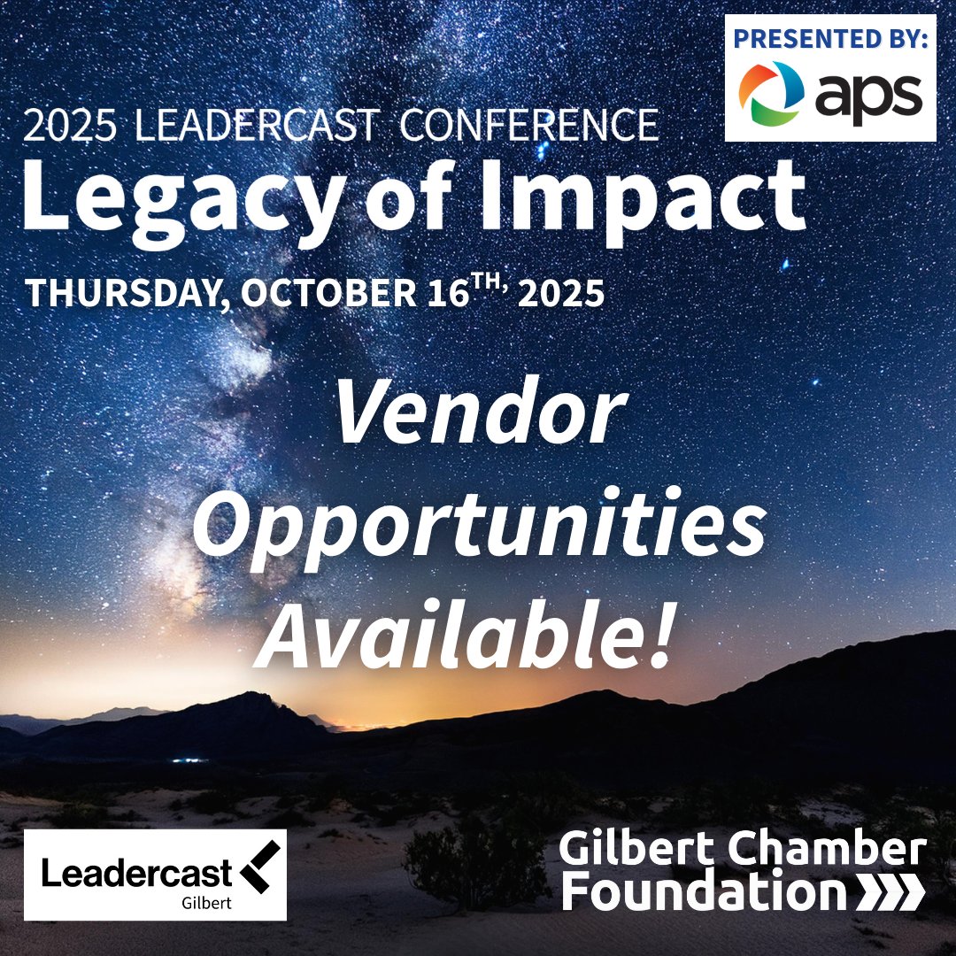 GLeadership's tweet image. Vendor booths are currently available for the Gilbert Chamber Foundation's upcoming screening of Leadercast: Legacy of Impact, presented by APS. Whether you're looking to build connections, generate leads, or increase brand visibility, this event is the perfect platform.