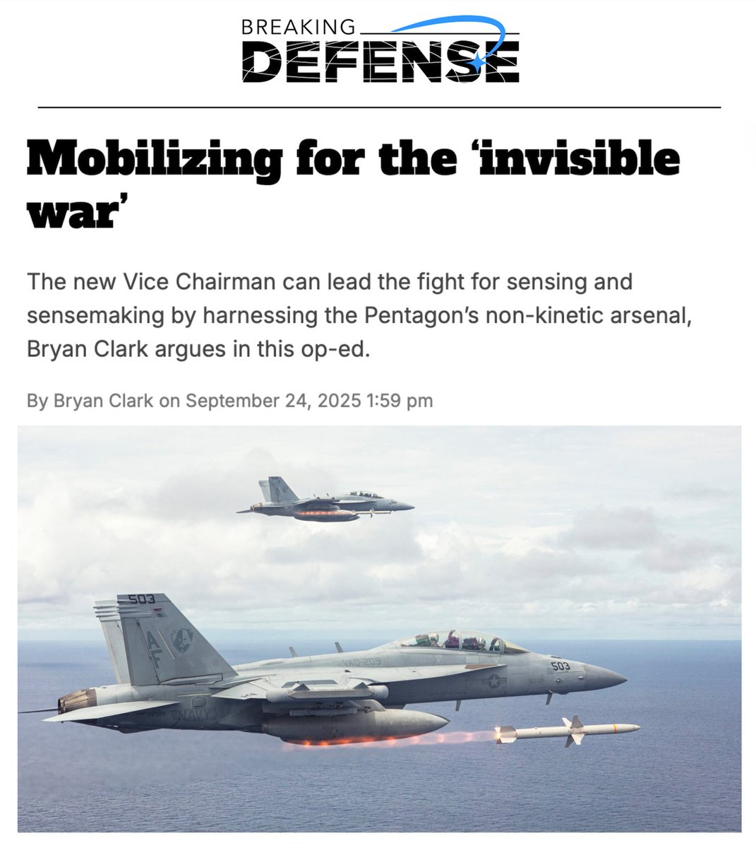 "Mahoney should mobilize the department's and industry's existing resources to establish a federated environment for developing and testing new EW and cyber effects. 

"This virtual sandbox could become the digital arsenal the Pentagon needs to fill its non-kinetic magazine and