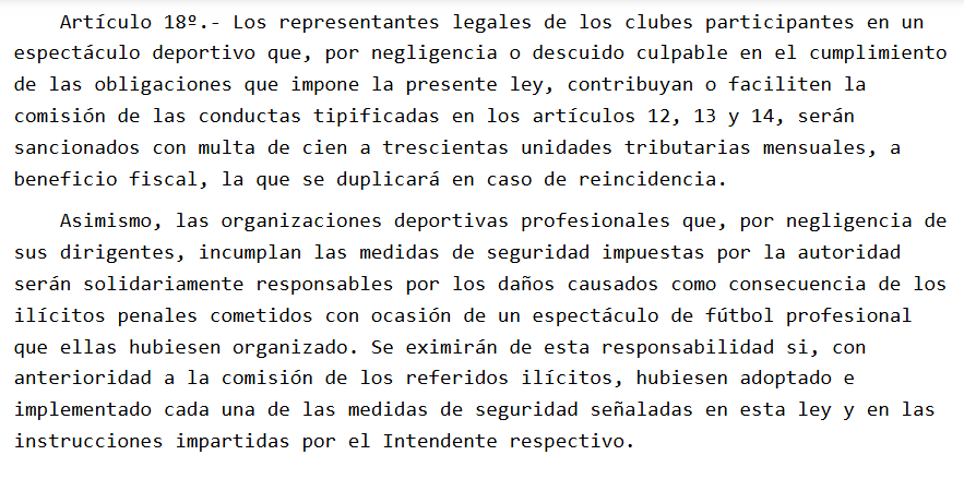 Respaldo la decisión del club, pero no existe norma ni ley alguna que obligue, en el ámbito civil, a responder a un club de fútbol  por hechos de sus hinchas fuera de los contextos de la ley 19.327. Además, la responsabilidad penal es bastante clara y alude específicamente