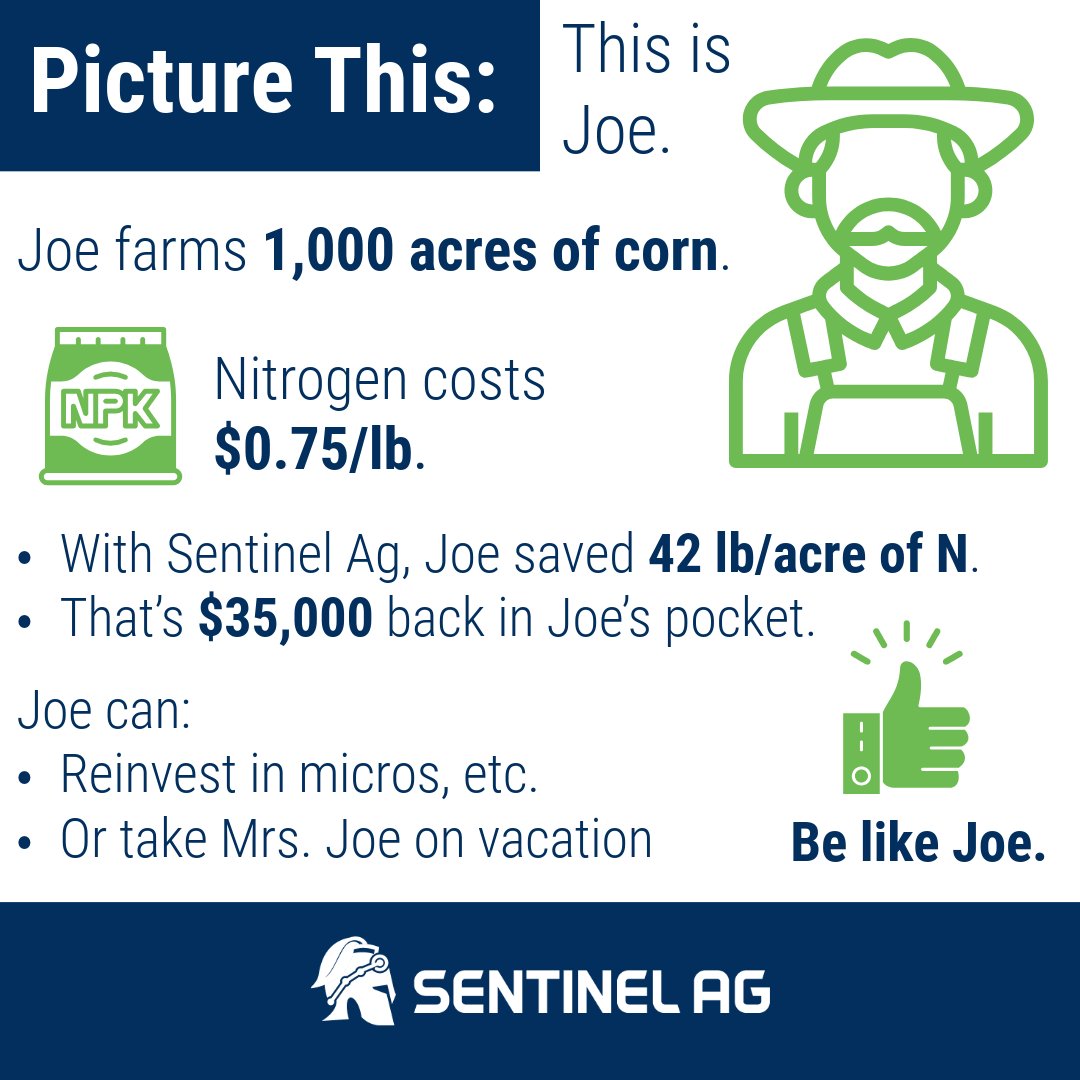 Sentinel_Ag's tweet image. Joe just saved $35,000 on nitrogen. He might reinvest in the farm... or book a vacation with Mrs. Joe. Either way, Sentinel Ag helps make it possible.

#AgTech #NitrogenStewardship #Profitability #SentinelAg