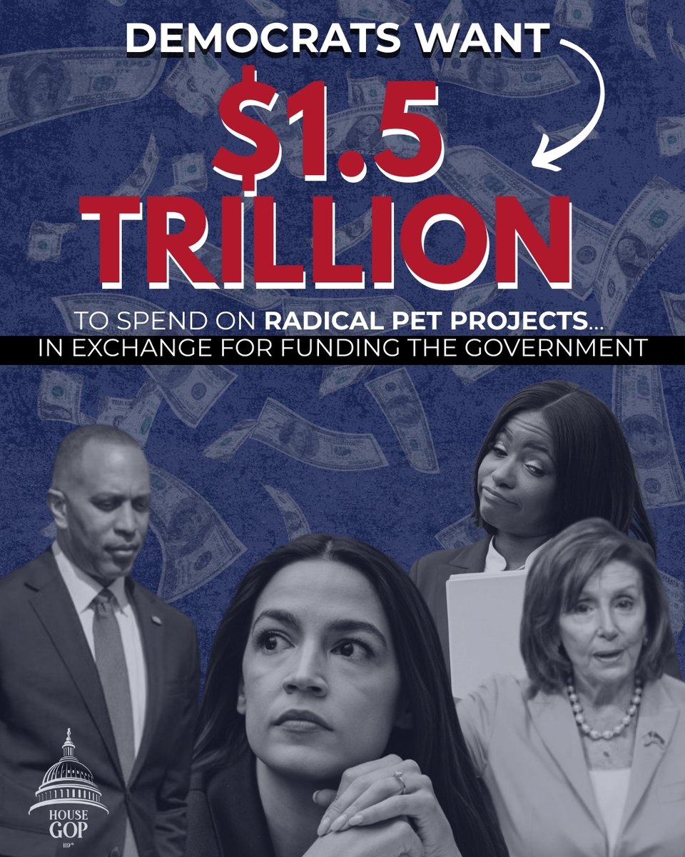 House Republicans did our job and passed a clean, nonpartisan bill to keep the government open. 

Now, Democrats are trying to jam through a $1.5 TRILLION spending HIKE — full of insane policies like free healthcare for illegal aliens — to keep the government open for a month.