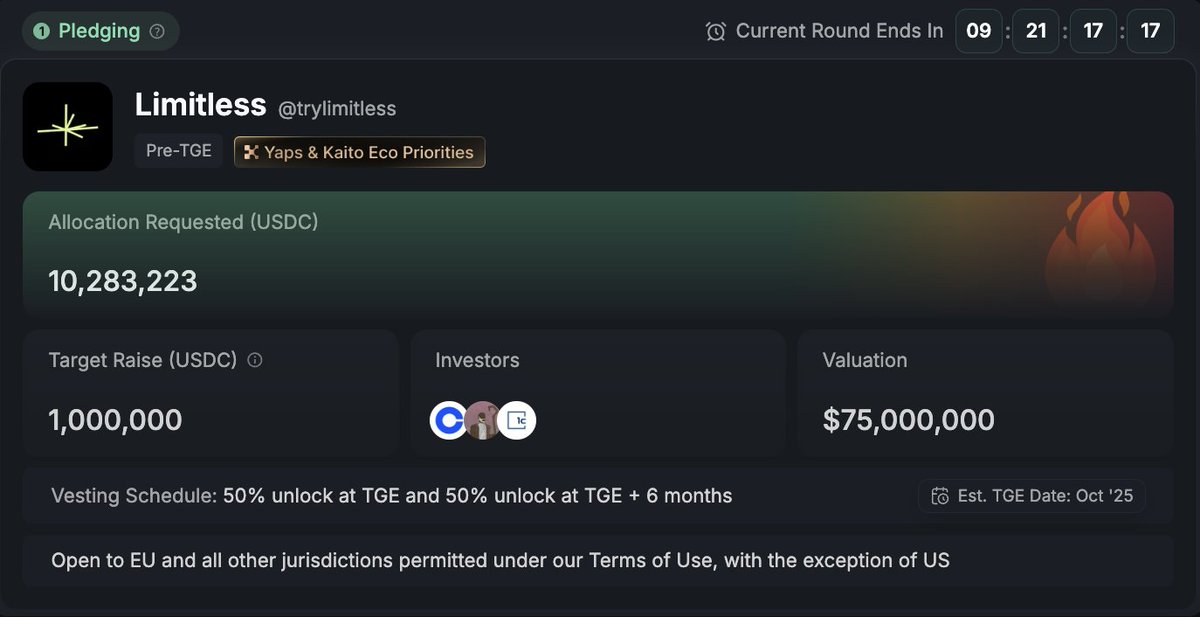 Limitless raised over $10M in just 3 hours.

Priority is given to:

➤ Limitless traders &amp; creators
➤ Accounts with strong social presence
➤ Wallets showing solid onchain activity

The more you trade on Limitless, the higher your priority.