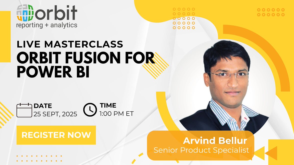 OrbitAnalytics's tweet image. Last chance! Join the Orbit Fusion for Power BI Masterclass today at 1 PM ET and see how direct Oracle Fusion connections, real-time dashboards, and AI-powered analytics drive smarter decisions. Register now: hubs.la/Q03KXkV00 #OrbitAnalytics #PowerBI #OracleFusion