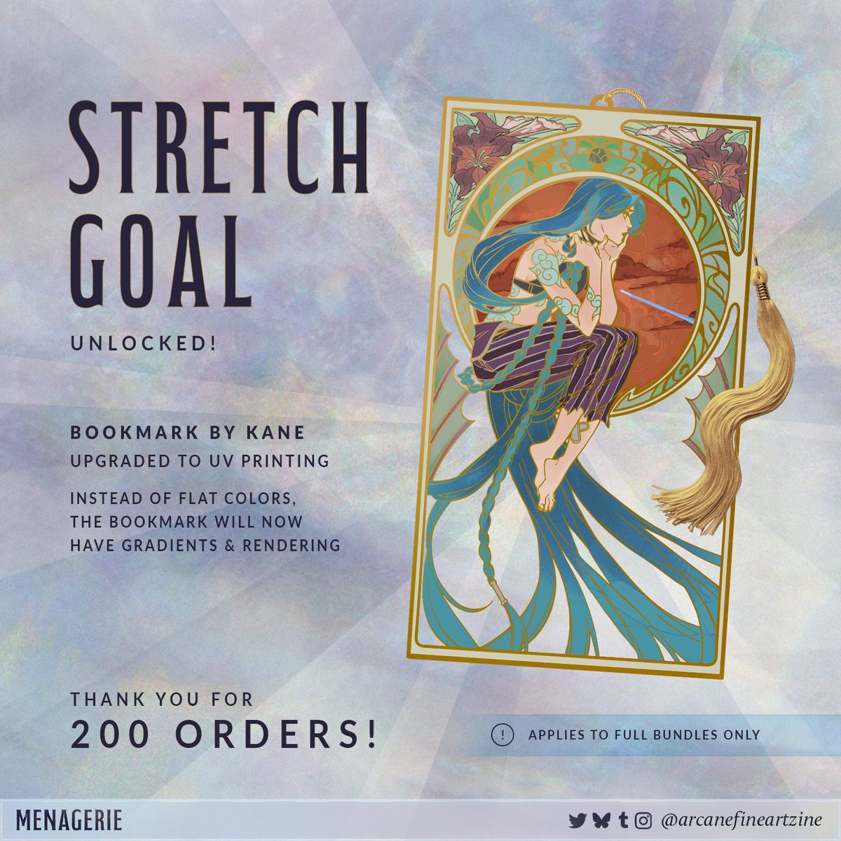 arcanefineart's tweet image. 𒈒𝐒𝐆 𝐔𝐧𝐥𝐨𝐜𝐤𝐞𝐝!𒈒

Our fourth stretch goal has been unlocked! This gorgeous Jinx bookmark by @kaneblob will now be UV printed—meaning it&apos;ll now have Mucha-inspired gradients instead of flat colors.

There&apos;s still more to unlock! POs are open til 11:59PM (ET) on Oct. 5!