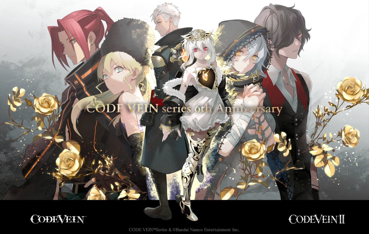 CodeVeinGame's tweet image. Today marks the 6th anniversary of #CODEVEIN!
 
To commemorate this, enjoy an original illustration by Character Designer Kurumi Kobayashi @kurumi_k0.
This special piece features characters from both CODE VEIN titles✨
 
We look forward to your continued support of CODE VEIN.