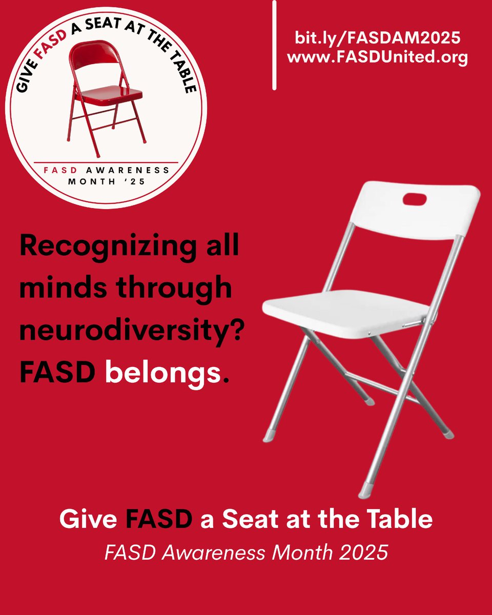 FASDUnited's tweet image. People with FASD have a seat at the table, but it&apos;s often hidden. This #FASDAwarenessMonth, we&apos;re giving FASD a voice in the neurodiversity conversation.
Learn how you can help give #FASD a seat at the table: bit.ly/FASDAM2025
#FASDAM2025 #FASDIsNeurodiversity #Neurodiverse